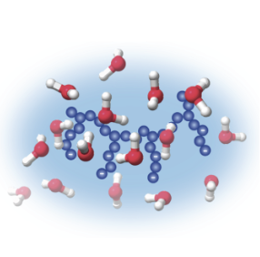 A polymer chain surrounded by nearby water molecules, fading into a blue continuous background.