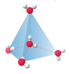 Tetrahedral arrangement of four water molecules connected by hydrogen bonds.